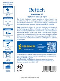 Blatt mit Text und QR-Code, Markierungen für Saatgut, Pflanzenschutz, Abstand, Ernte, Keimung, Sonnenwetter, PEFC Logo.