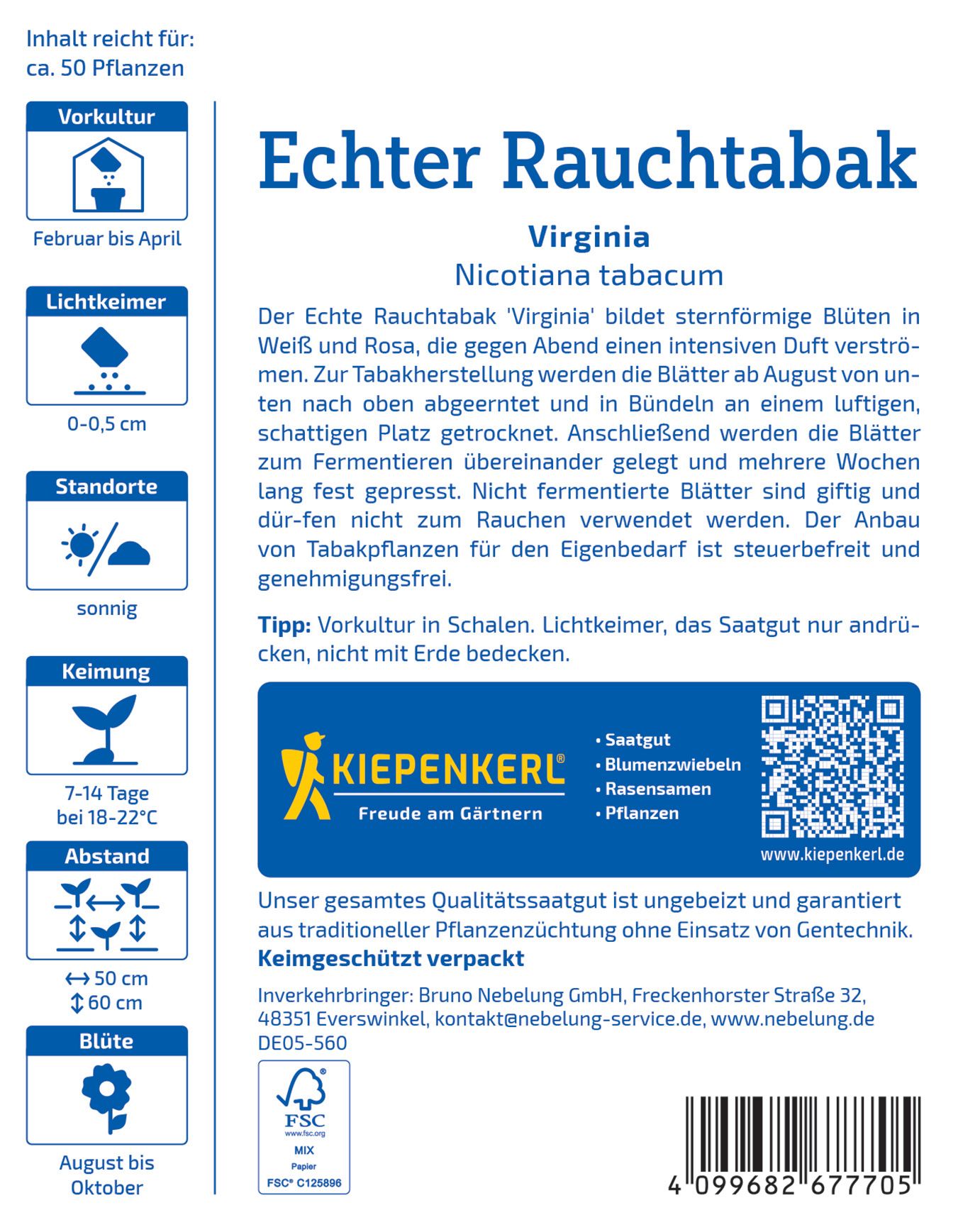 Vorderseite eines Pflanzensackerls mit Beschreibung und Logo der Firma Kiepenkerl.