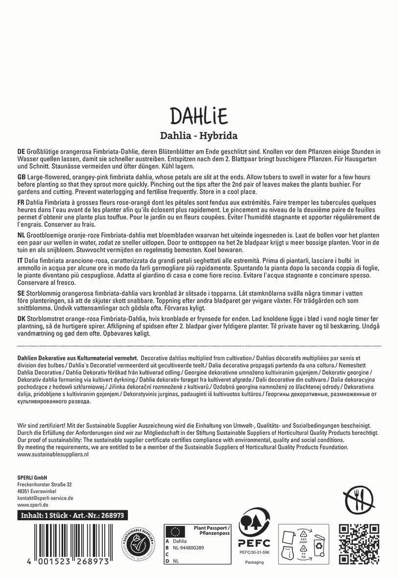 Text mit Pflanzinformationen auf Deutsch, Englisch, Französisch, Italienisch, Spanisch und Dänisch, technische Symbole und Barcode.