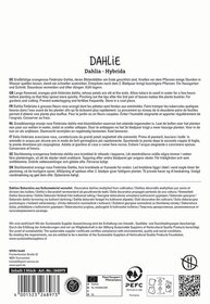 Text mit Pflanzinformationen auf Deutsch, Englisch, Französisch, Italienisch, Spanisch und Dänisch, technische Symbole und Barcode.