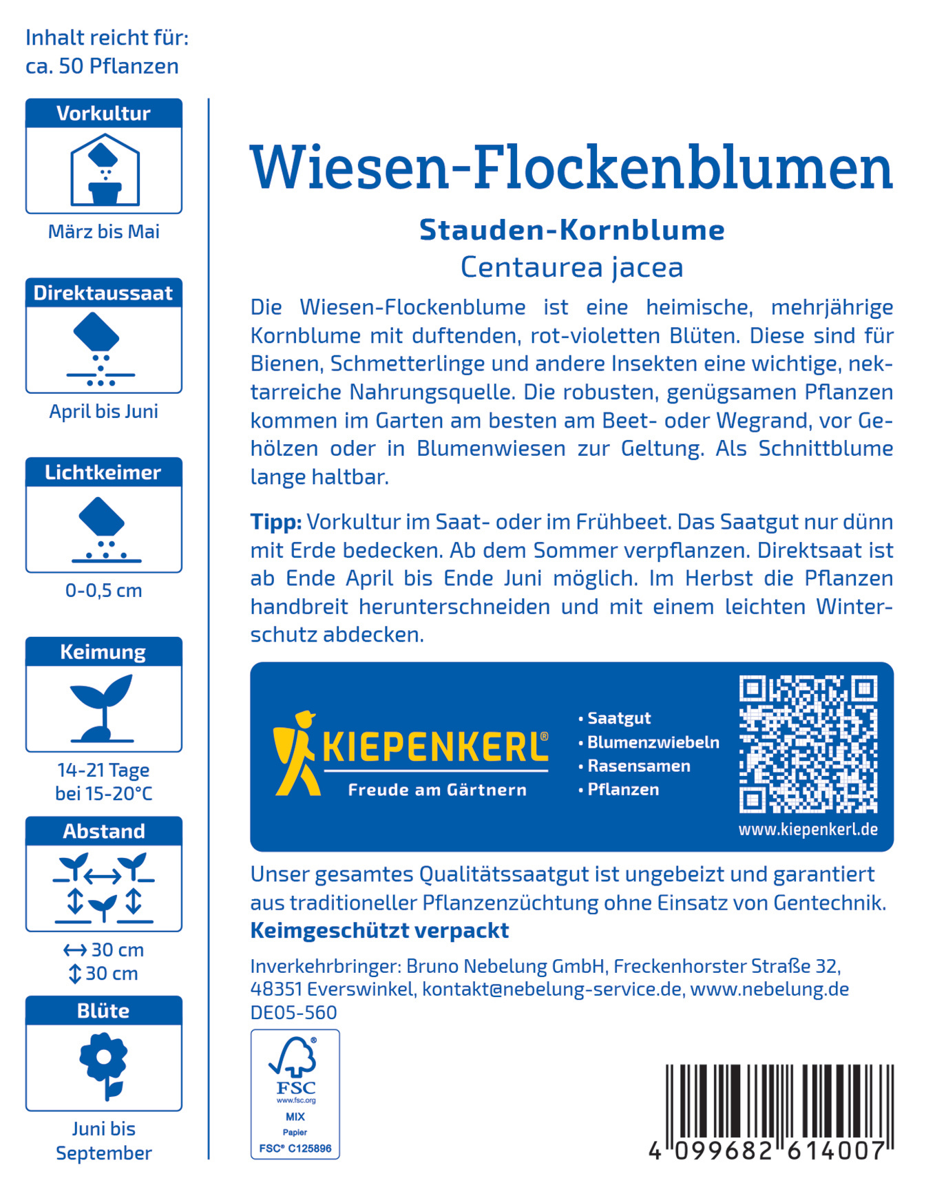 Infoschild für Wiesen-Flockenblumen mit Blüten und Piktogrammen zu Kultur, Aussaat, Licht, Abstand, Blütezeit und Verpackung.