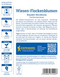 Infoschild für Wiesen-Flockenblumen mit Blüten und Piktogrammen zu Kultur, Aussaat, Licht, Abstand, Blütezeit und Verpackung.