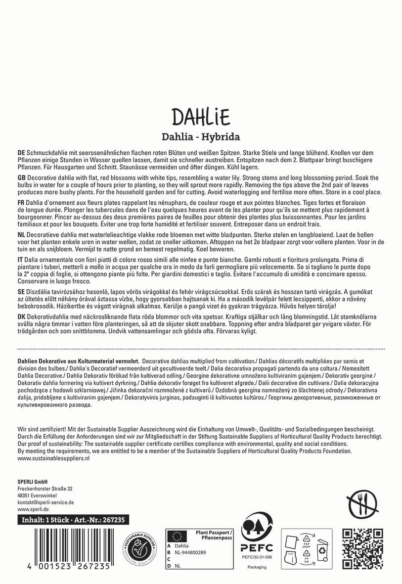 Beschreibungstext: Diagramm mit verschiedenen Sprachen, Informationen zu einer Dahlie Pflanze, Herstellerangaben, Zertifizierungen und Text.