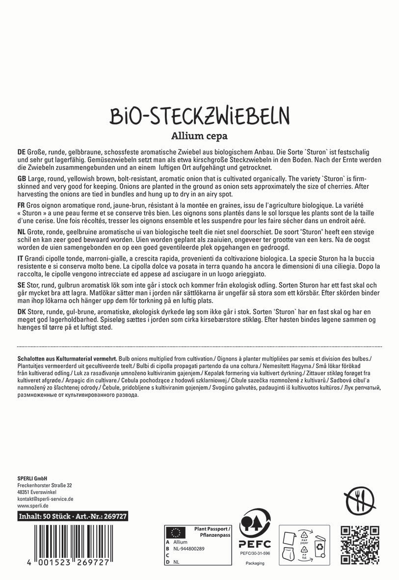 Beschreibung der Zwiebelverpackung mit Informationen auf Deutsch, Englisch, Französisch, Niederländisch und italienisch.