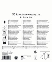 50 Anemone coronaria St. Brigid Mix, mit botanischen Beschreibungen in mehreren Sprachen und Symbolen.