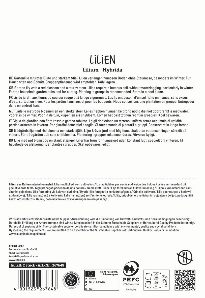 Verschiedene Sprachen beschreiben Lilien mit roter Blüte, starker Stiel und Humusboden, in Papiertüte verpackt.