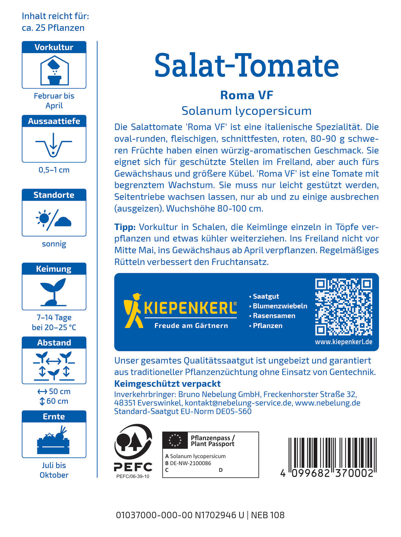 Packungsaufkleber mit Text, QR-Code, Logos und Symbolen für Salat-Tomate, Keimdauer, Standort, Erntezeit, Packungsschutz.