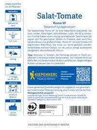 Packungsaufkleber mit Text, QR-Code, Logos und Symbolen für Salat-Tomate, Keimdauer, Standort, Erntezeit, Packungsschutz.