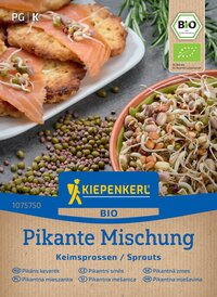 Auf dem Bild sind geröstete Schnitzel mit Lachs und Sprossen auf einem weißen Teller, daneben eine Schüssel mit Sprossen.