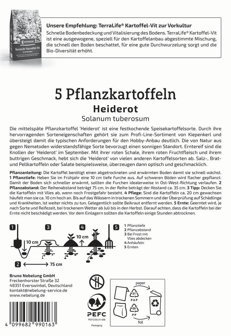 Anleitung für Pflanzung und Pflege von fünf Heiderot Kartoffeln mit Bildern und Text.