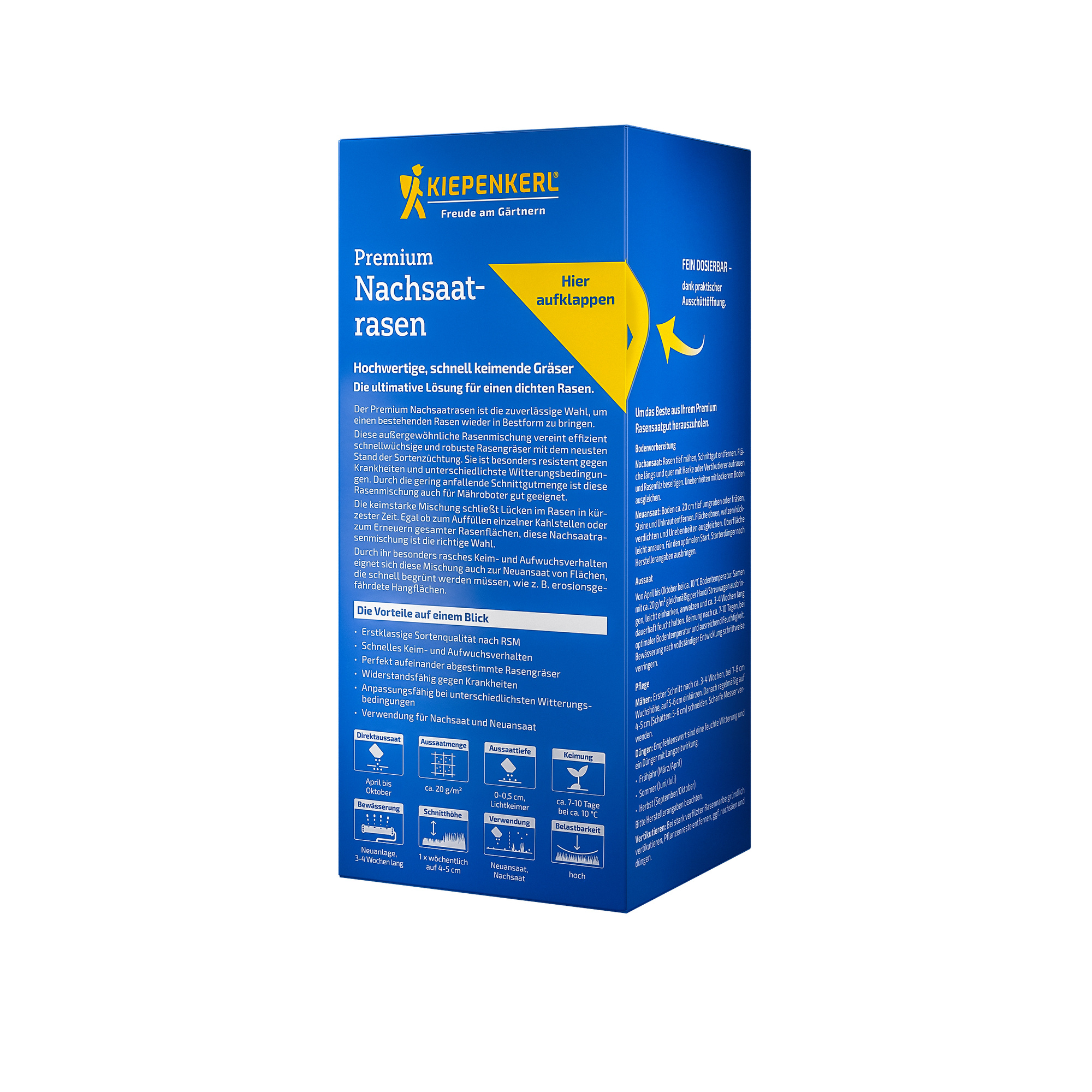 Blaue Verpackung mit gelbem Aufklapp-Breitschirm und gelbem Pfeil, Kiepenkerl Logo, Produktname Nachsaat Rasen.