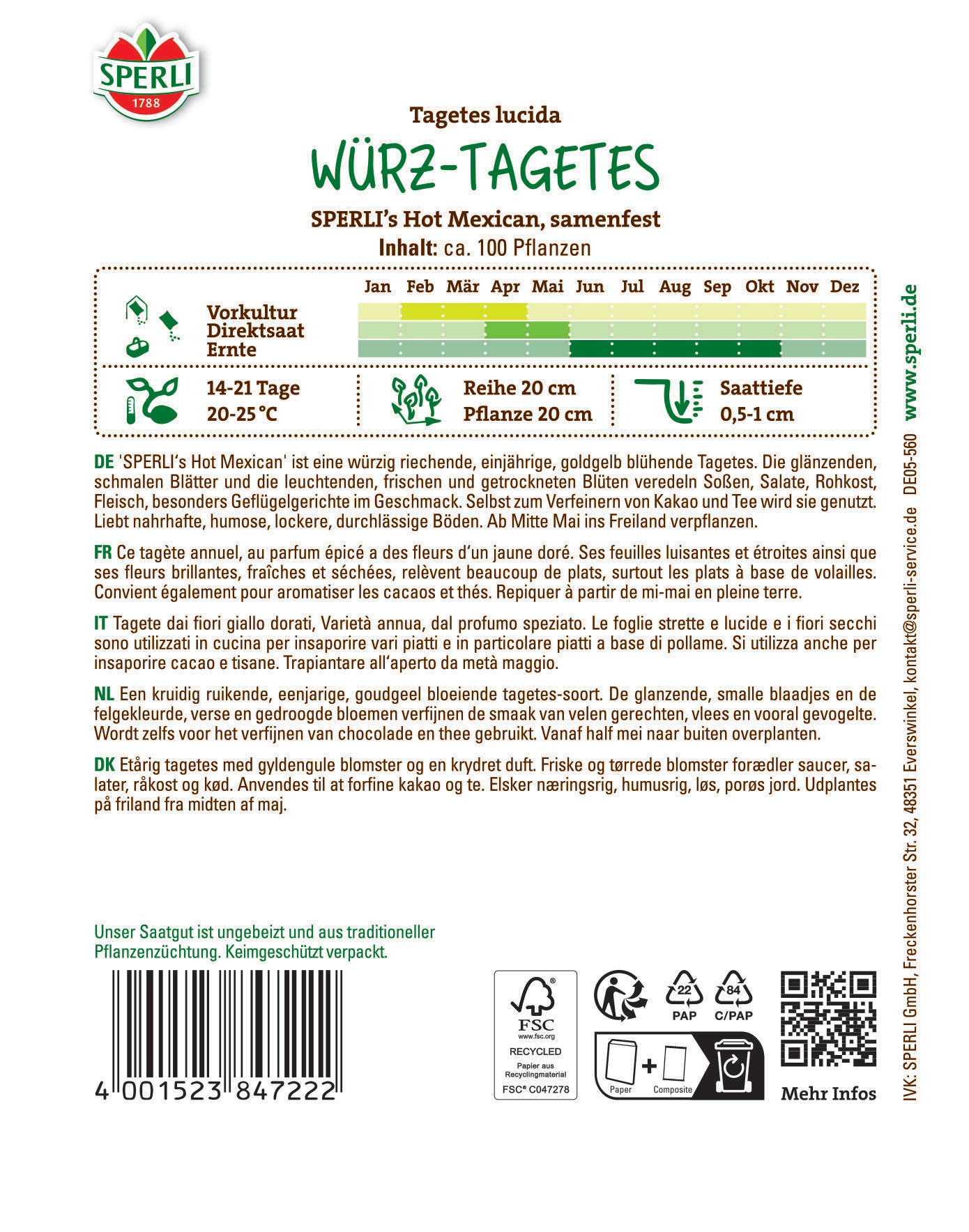 Würz-Tagetessamen SPERLI's Hot Mexican