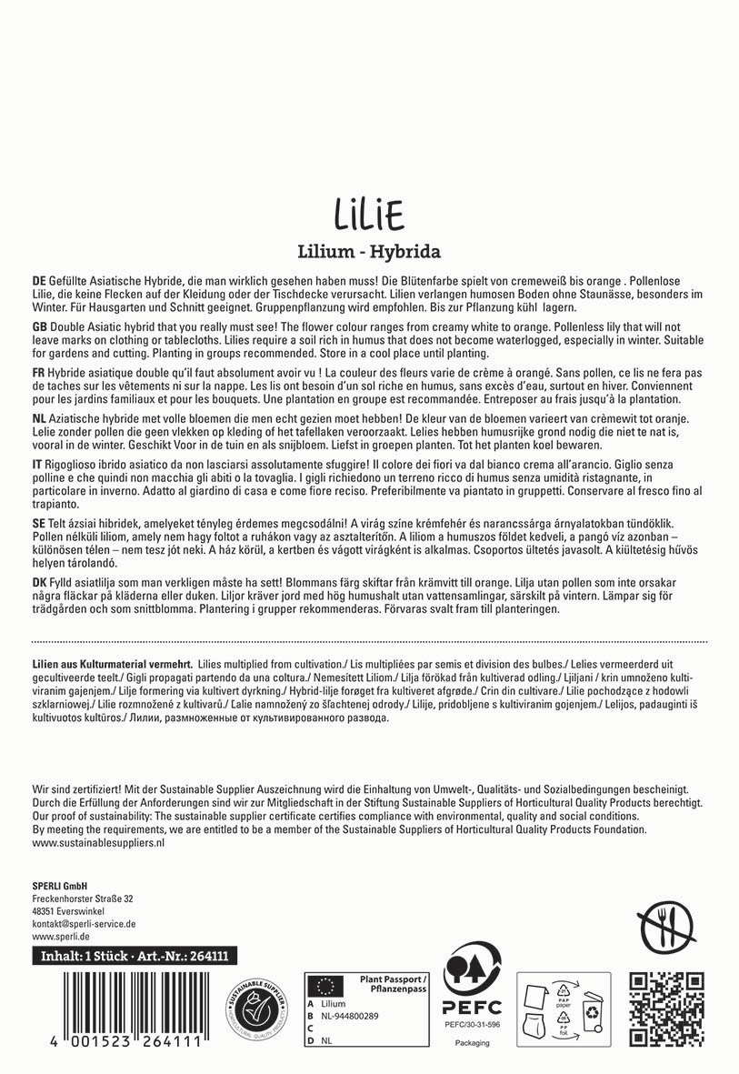 Beschreibungstext: Verschiedene Sprachen mit Informationen zur Lilie, Pflegehinweisen und Herstellerangaben.