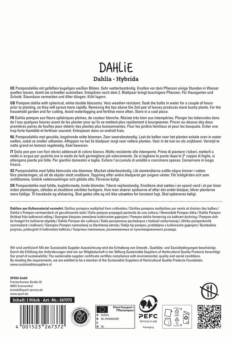 Text in mehreren Sprachen über die Pflege und Kultivierung von Dahlien, mit Zertifizierungssiegeln und Herstellerangaben.