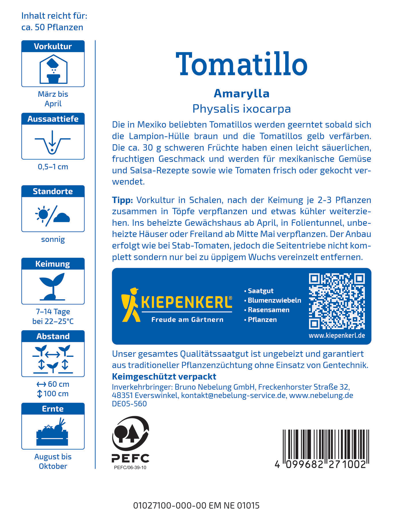 Textblock mit Anbau- und Pflegehinweisen für Tomaten, Logo und Kontaktinfo der Samenfirma, Barcode.