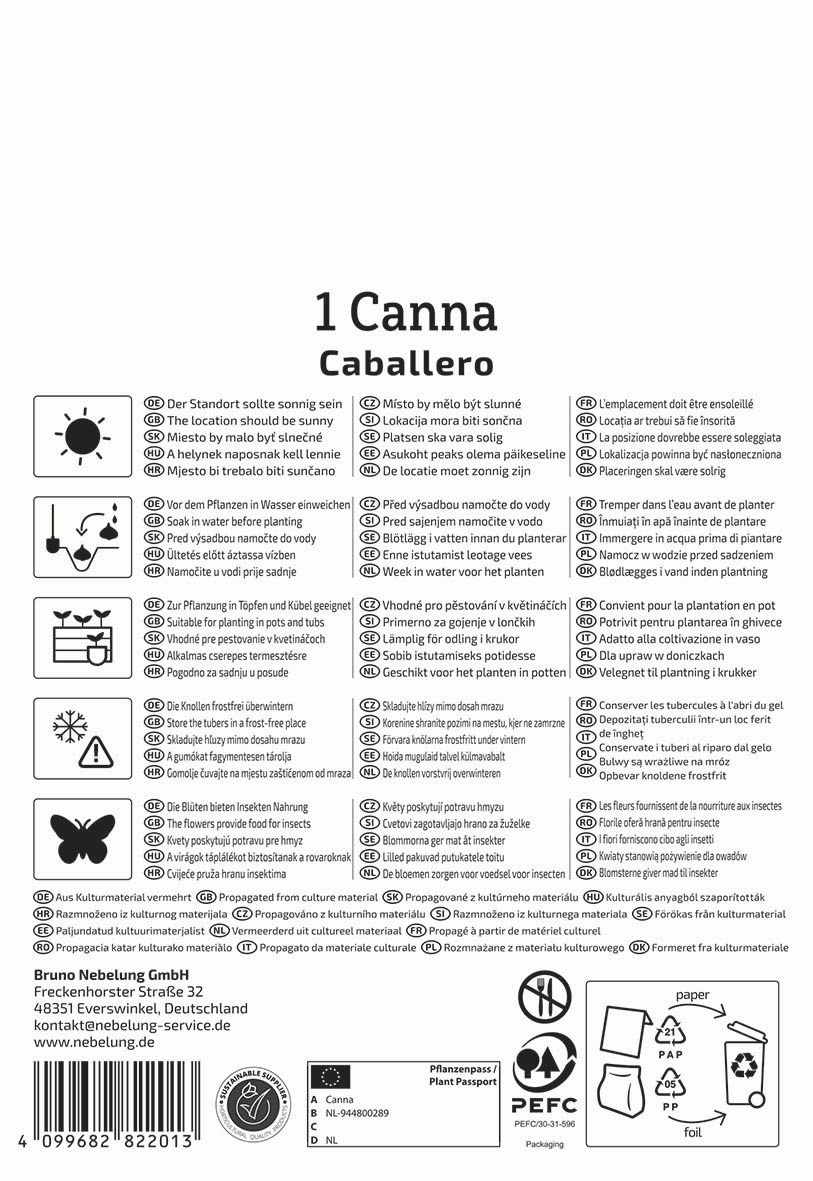 Anleitung für Canna Cannabispflanze mit Pflege- und Pflanzhinweisen auf mehreren Sprachen, Symbole und Kontaktdaten.