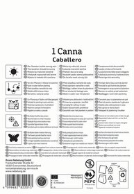 Anleitung für Canna Cannabispflanze mit Pflege- und Pflanzhinweisen auf mehreren Sprachen, Symbole und Kontaktdaten.