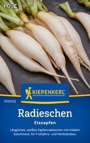 Weiße Radieschen mit grünen Blättern auf dunklem Hintergrund.
