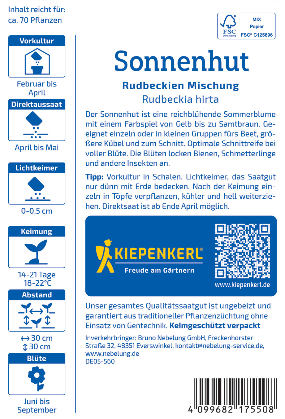 Sonnenhut Packungsbeschreibung mit Text, Symbolen und QR-Code auf blauer Verpackung.