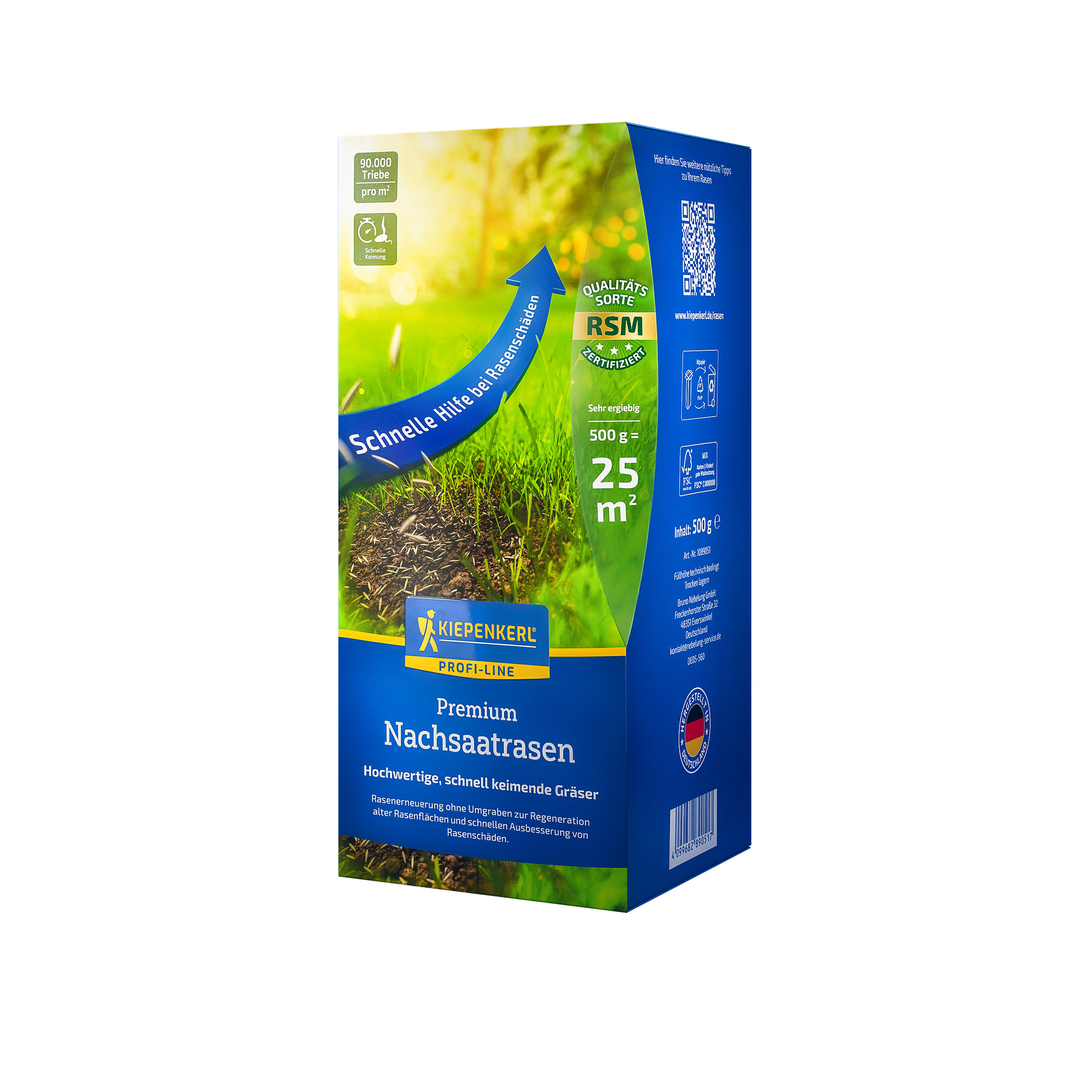 Blaue und grüne Verpackung mit Gras und Erde, Marke Kiepenkerl, für Rasensamen, 500g, für 25 m² Fläche.