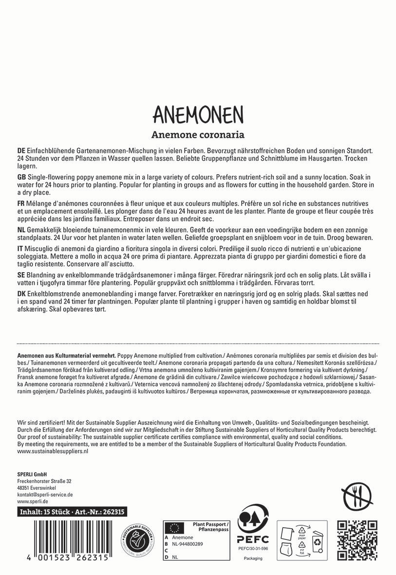 Beschreibung der Anemone coronaria auf einer Produktverpackung mit mehreren Sprachtexten.