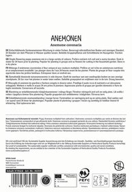Beschreibung der Anemone coronaria auf einer Produktverpackung mit mehreren Sprachtexten.