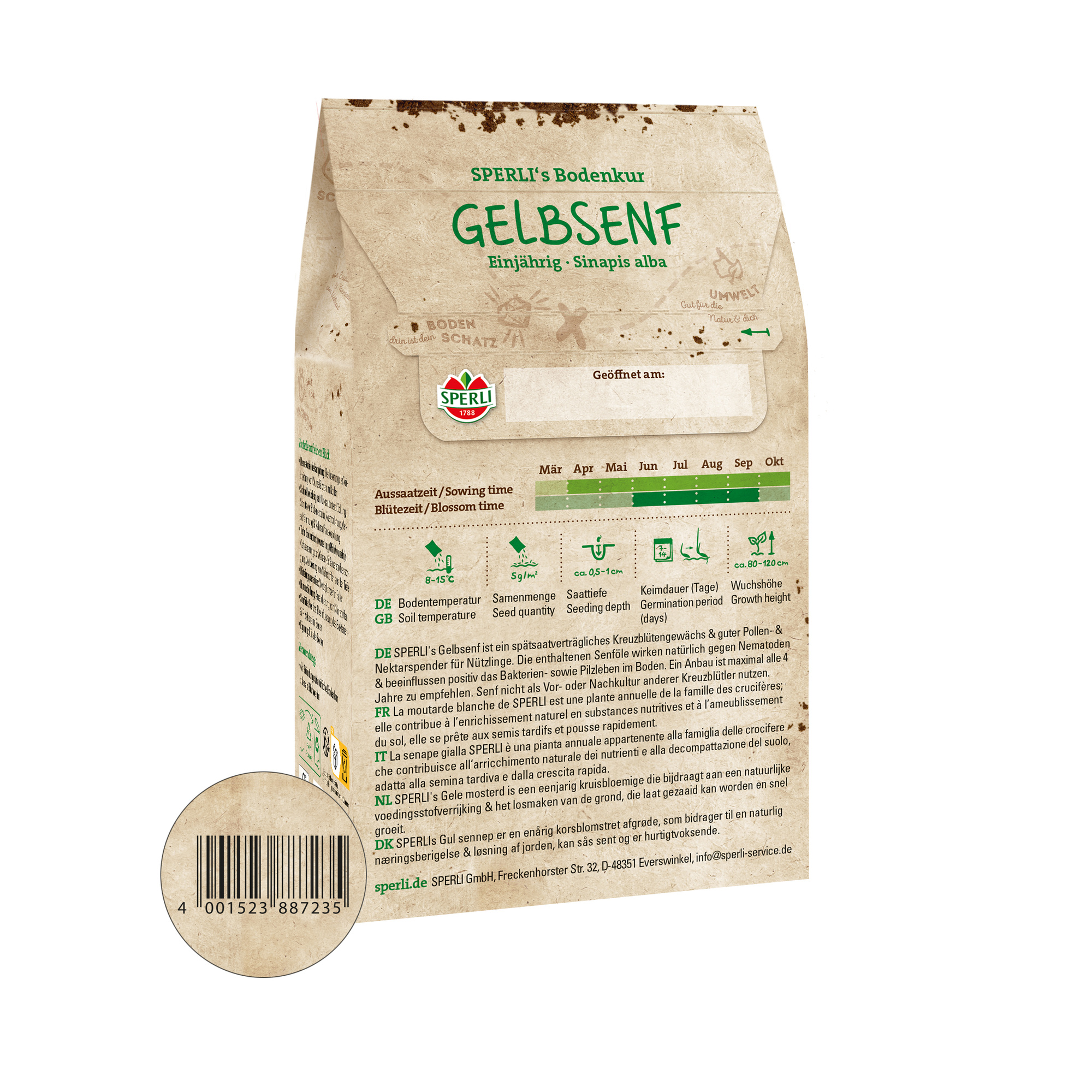 Braune Papptüte mit grüner und schwarzer Aufschrift, Angaben in mehreren Sprachen, Barcode und Siegel.