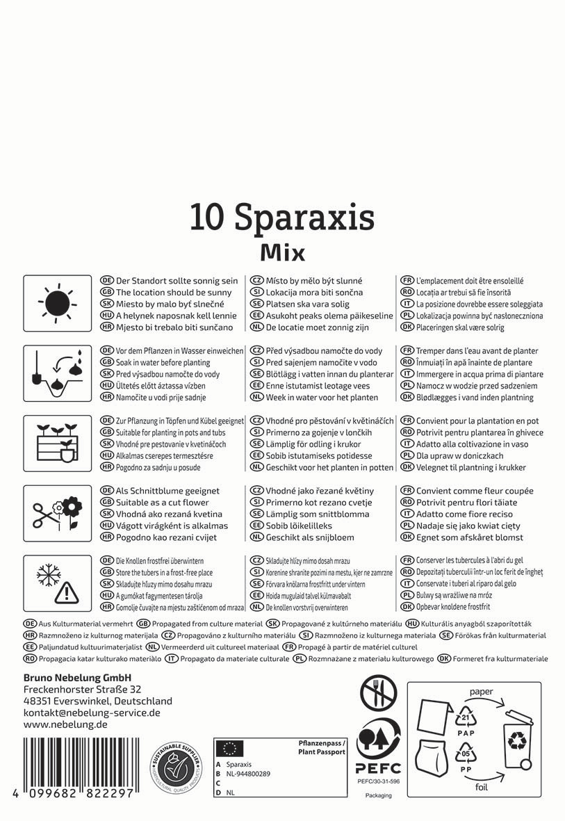 Anleitungstafel für Sparaxis Pflanzung mit Symbolen und Text in mehreren Sprachen.