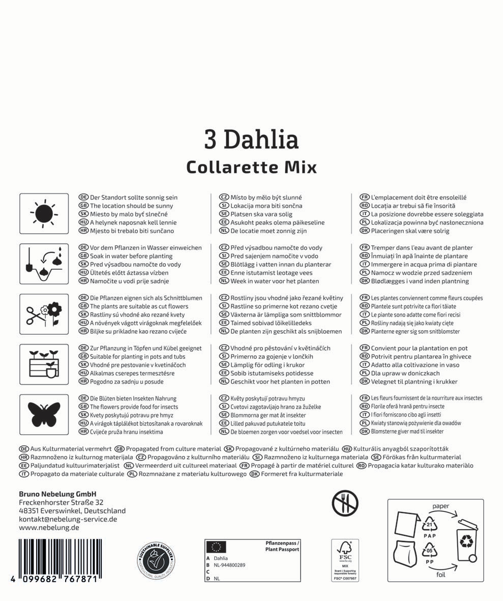 Anleitungstafel mit Pflanzentipps in mehreren Sprachen, Symbole für Wasser, Saat, und Kulturmaterial, Firmenadresse, Barcode.