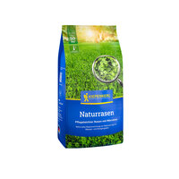 Bags of Kiepenkerl Naturrasen with a picture of grass and a magnifying glass examining clover on the front.