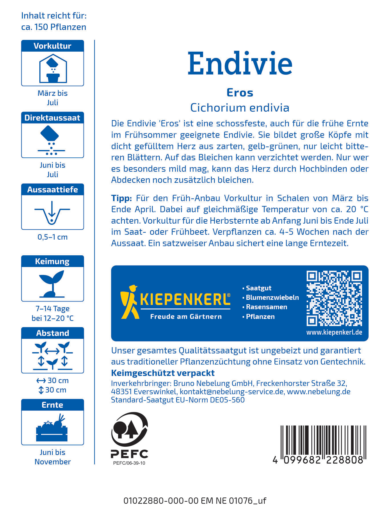 Informationsblatt mit Tipps, Anbauzeitraum, Pflanzabstand, Keimdauer, Produktlogo, QR-Code, Adresse und Barcode.