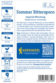 Packungsbeschreibung von Sommer Rittersporn Samen mit Pflanzinformationen und Hinweise.