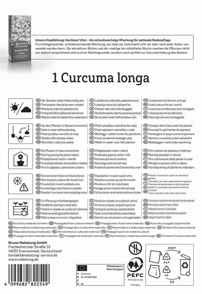 Packungsrückseite mit Produktinformationen, Anleitungen, Icons und Kontaktinformationen in mehreren Sprachen.