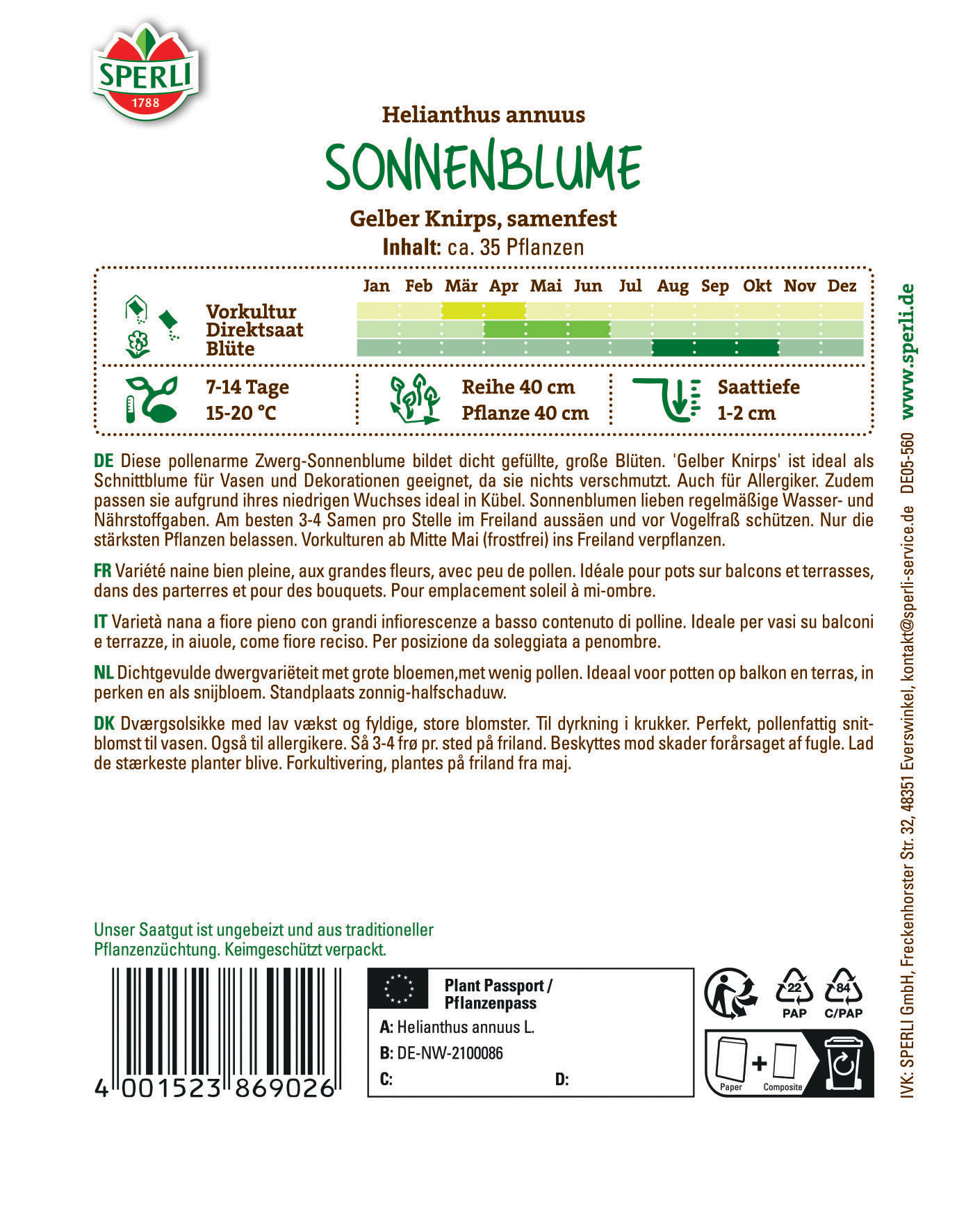 Sonnenblumensamen Gelber Knirps, F1