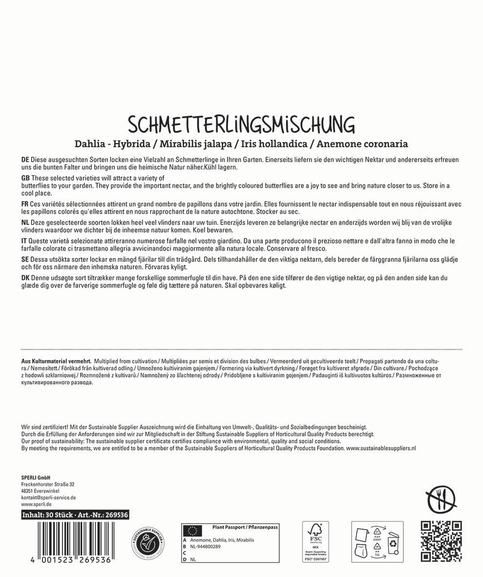 Text mit den Pflanzenarten Dahlia, Hybrida Mirabilis jalapa Iris hollandica Anemone coronaria und Beschreibung in mehreren Sprachen.
