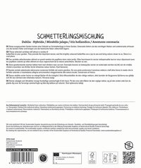 Text mit den Pflanzenarten Dahlia, Hybrida Mirabilis jalapa Iris hollandica Anemone coronaria und Beschreibung in mehreren Sprachen.