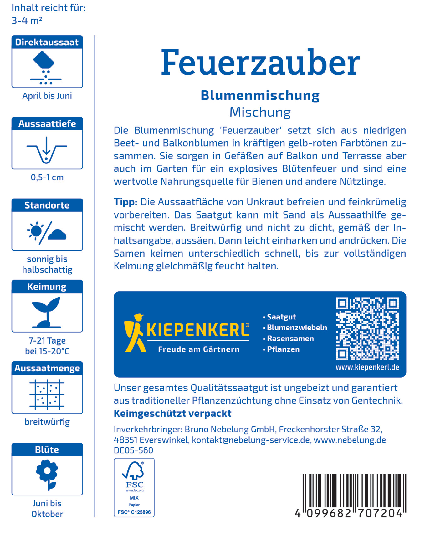 Kiepenkerl Blumensamen Mischung Feuerzauber für Beet Balkon und Garten, enthält Samen für Blumen, Blumenzwiebeln, Rasensamen, Pflanzen.