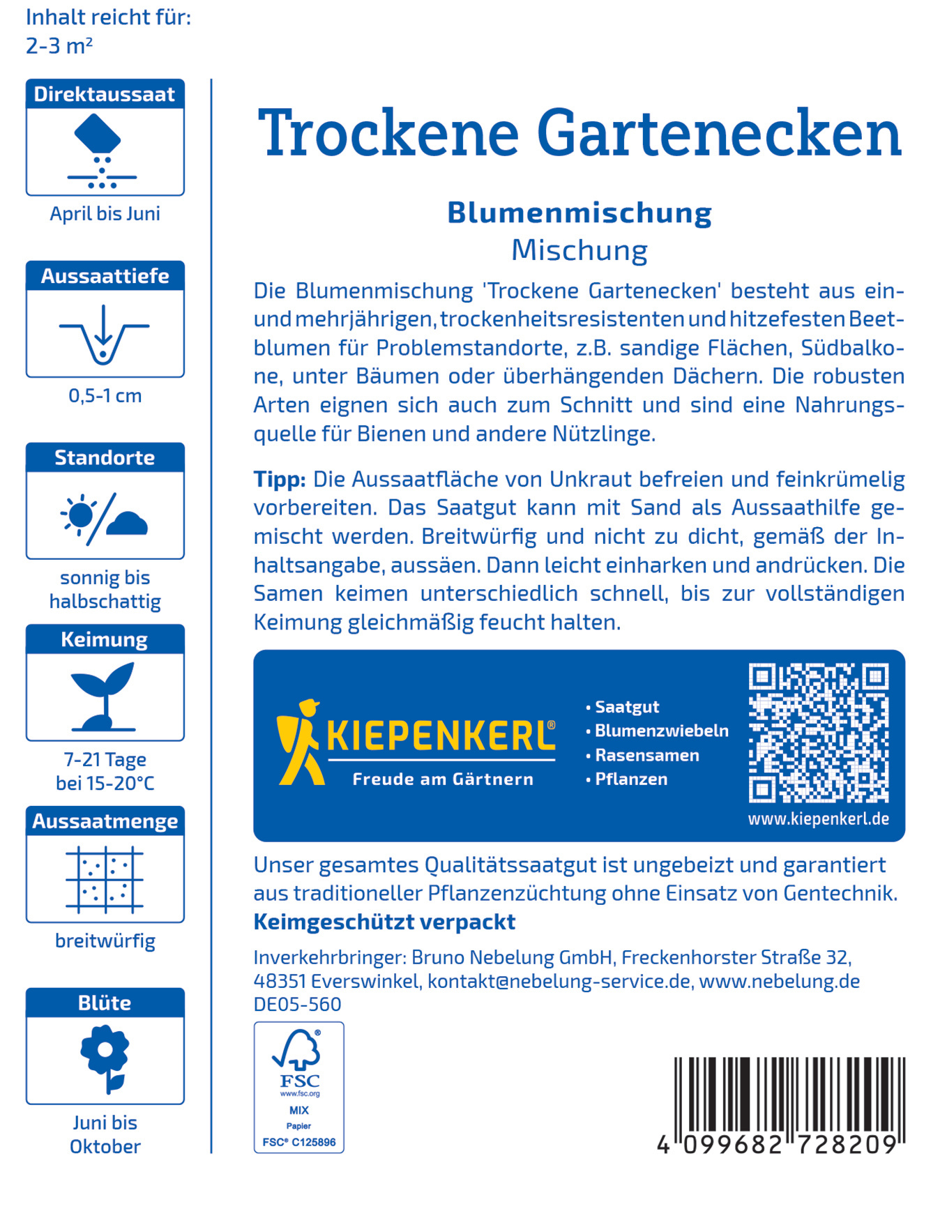 Angebotenes Saatgut für trockene Gartengehölze und Stauden, im Querschnitt rund, vorwiegend in Aprilt June.