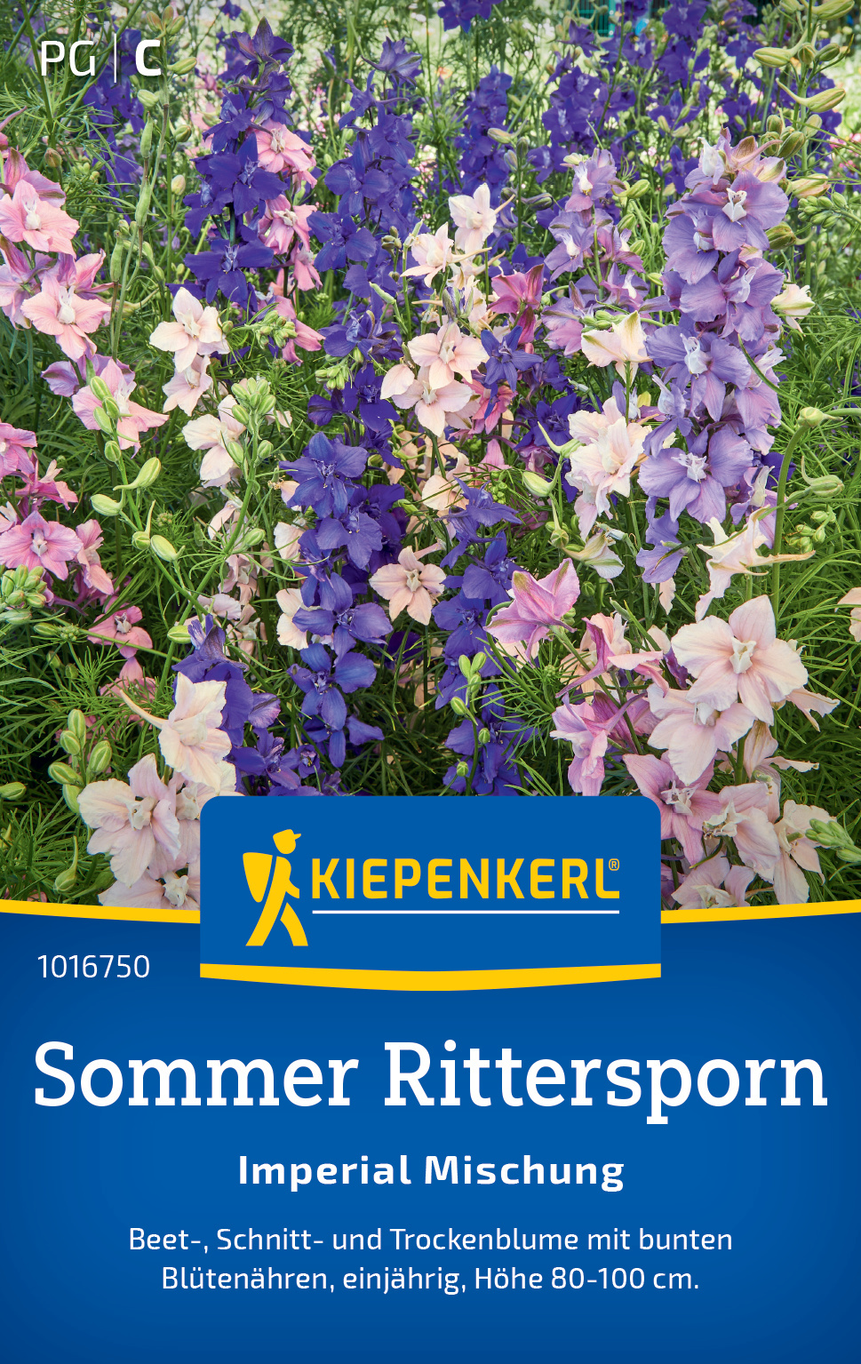 Bunte Ritterspornblumen in pink und lila, mit grünen Blättern, auf einer Gartenpackung.