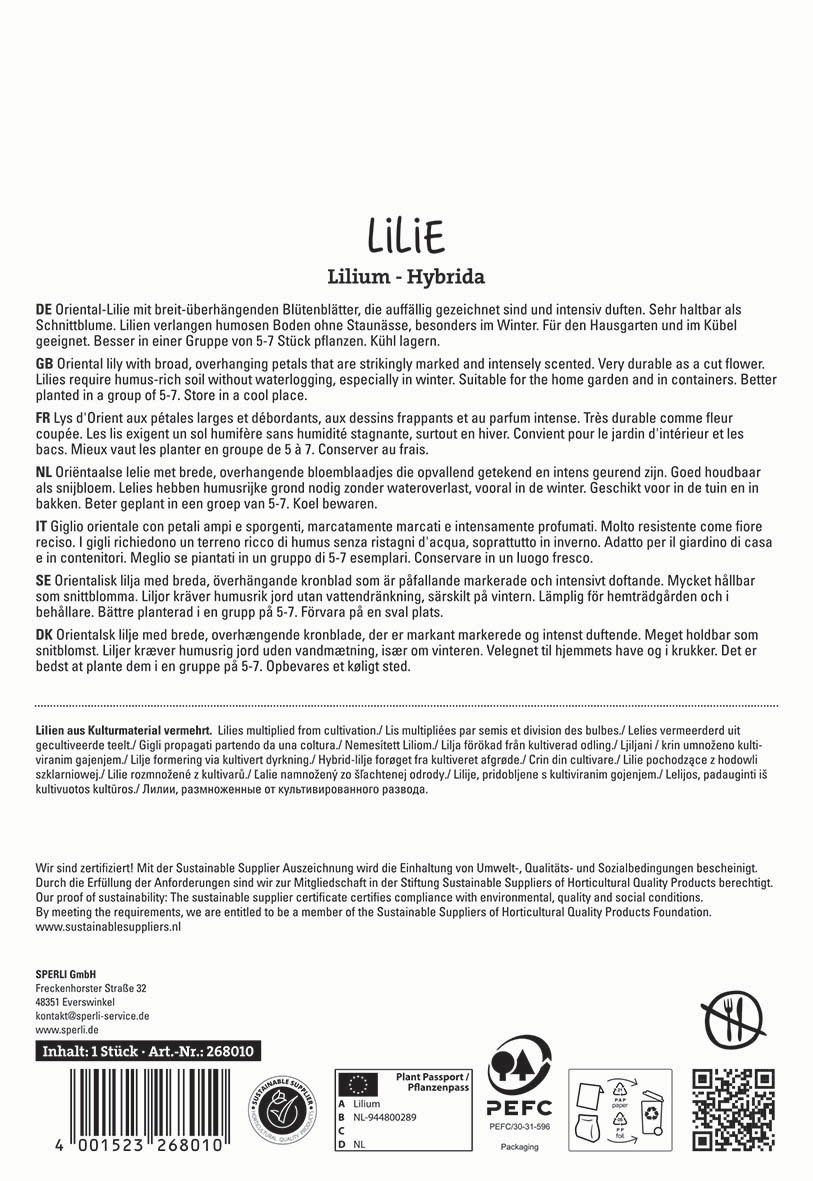 Beschrieb von Text, enthält Hinweise zur Lilie mit breiten Blättern, Duft, Pflege, Herkunft und Nachhaltigkeit.