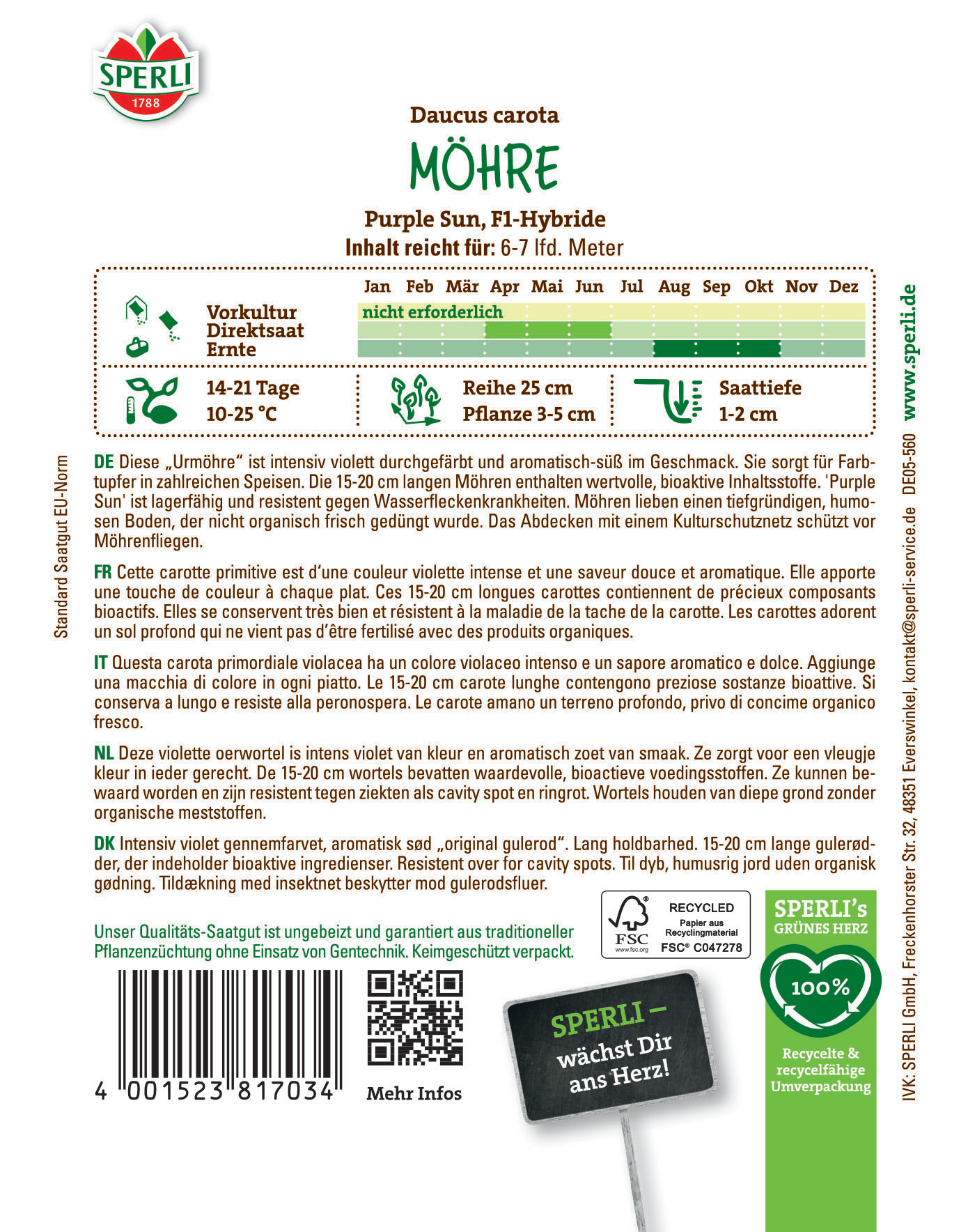Saatgutpackung mit Informationen zur Daucus carota Sorte Möhre Purple Sun, F1-Hybride, Anbauhinweisen und Barcode.