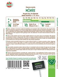 Saatgutpackung mit Informationen zur Daucus carota Sorte Möhre Purple Sun, F1-Hybride, Anbauhinweisen und Barcode.