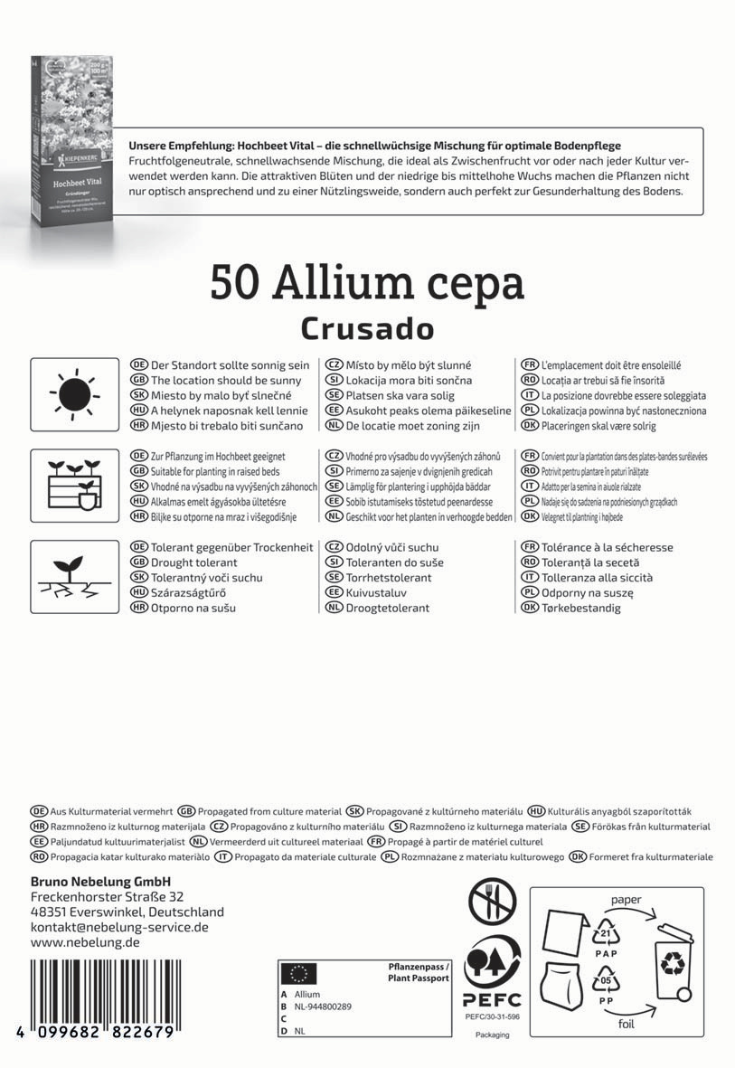 Anleitung für Allium cepa Crusado in mehreren Sprachen, mit Pflanzanweisungen und Pflegehinweisen.
