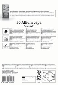 Anleitung für Allium cepa Crusado in mehreren Sprachen, mit Pflanzanweisungen und Pflegehinweisen.