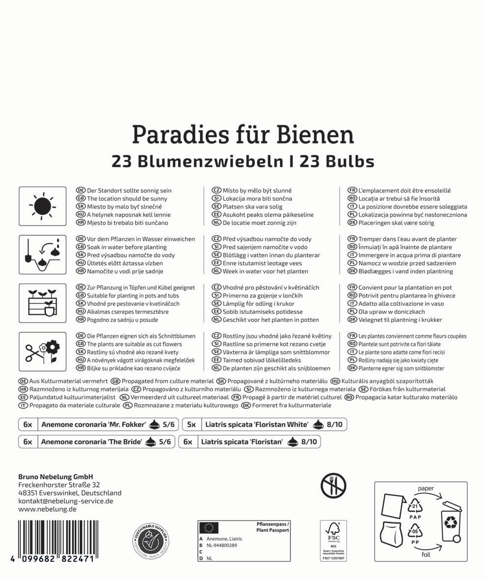 Bild mit Anleitungen für Bienenparadies mit 23 Blumenzwiebeln und 23 Bulbs, inklusive Pflanzanweisungen und Produktdetails.