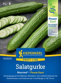 Gürkchen und Gurkenscheiben auf dunklem Hintergrund, Kiepenkerl Logo, blaue und grüne Verpackung.