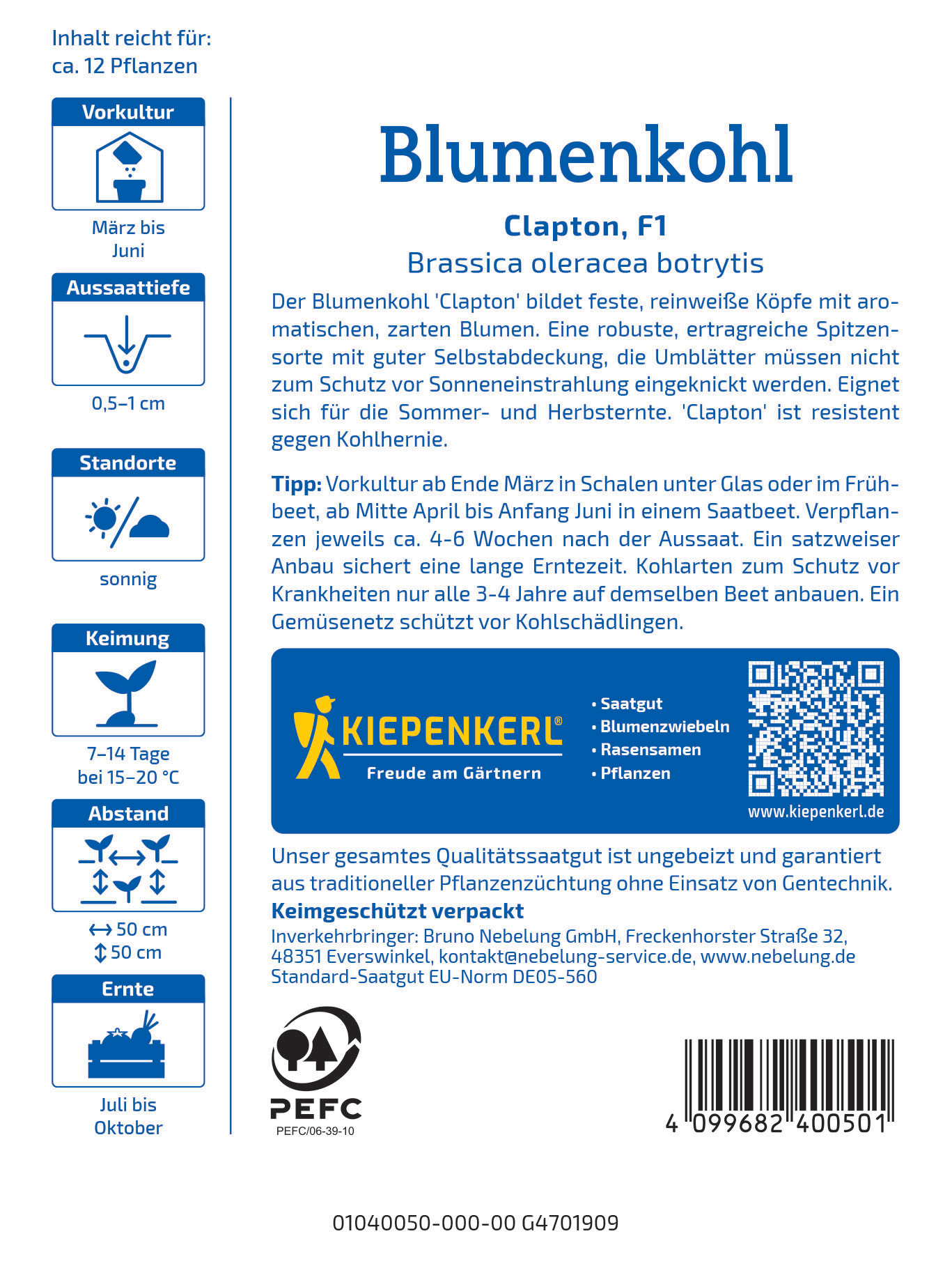 Paket mit Blumenkohl Samenknöllchen, Blüten in weiß, blaue Beschriftung, QR-Code, Barcode, Pflanzensymbole.