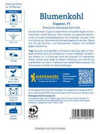 Paket mit Blumenkohl Samenknöllchen, Blüten in weiß, blaue Beschriftung, QR-Code, Barcode, Pflanzensymbole.