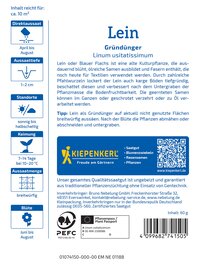 Packung mit Leinsamen, inklusive Text, Logo, Barcode, Symbolen und Produktinformationen.