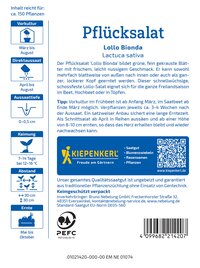 Informationsblatt mit Produktbeschreibung, Anbauregels, Sorten, Logo, QR-Code, Bar-Code, Kontaktadresse und Texten.